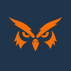 Obraz premium Modern stylized orange owl face icon with intense gaze on a dark background, a minimalist vector illustration of a nocturnal bird of prey.