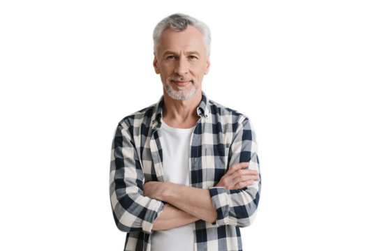 Middle-aged man in casual plaid shirt stands with arms crossed, showcasing a relaxed and confident appearance.