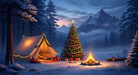 Cozy winter Christmas camping scene with decorated tree, glowing tent, campfire, and snowy mountains under twilight sky