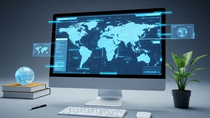Global data visualization on computer screen with interactive elements and plant - Powered by Adobe