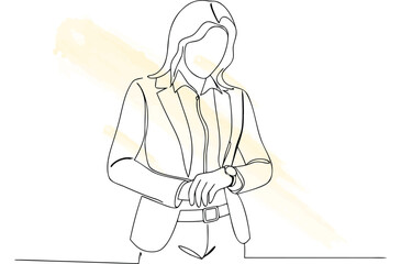 Continous line drawing a businesswoman checking her wristwatch single line time