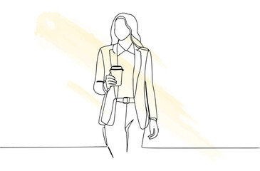 Continous line drawing a businesswoman holding a coffee cup with abstract watercolor splashes single line