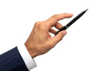 A hand in a suit sleeve holding a black pen, pointing