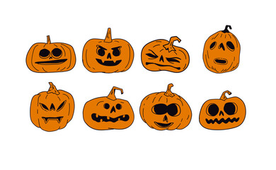 Halloween carved pumpkins hand drawn illustrations, cute funny jack o lanterns