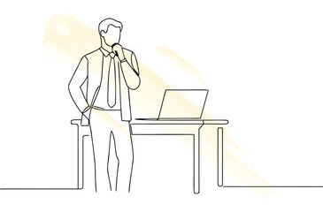 Continous line drawing a man in a suit standing at a desk with a laptop single line vector
