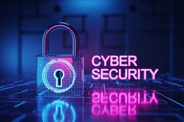 Neon Glowing Padlock Cyber Security Futuristic Concept Generative AI