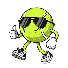 cartoon tennis ball character with sunglasses giving a thumbs up, cool retro logo mascot illustration