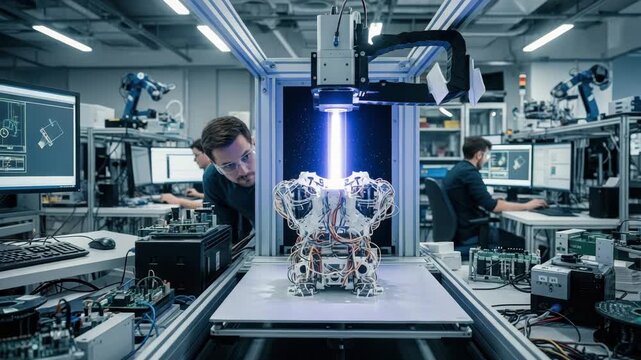 Engineer inspecting a robot prototype being scanned by a laser beam device