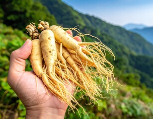 A hand holds up harvested roots against a backdrop of layered, green hills