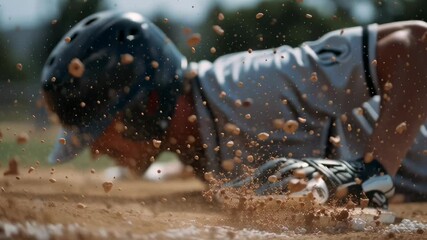 A baseball player sliding into a base with dirt flying up behind him. The scene is intense and action-packed, with the player's focus on making it to the base safely - Powered by Adobe