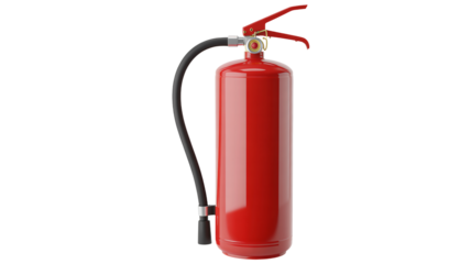 Red fire extinguisher ready for emergency use with hose and handle
