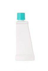White plastic bottle with a turquoise cap, tilted and isolated on a clean white background.