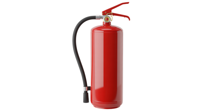 Red fire extinguisher ready for emergency use with hose and handle