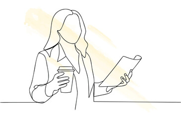 Single line drawing a businesswoman holding coffee cup paper vector