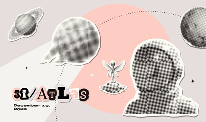 3i-atlas halftone collage banner with Astronaut, asteroid on orbit and moon zine pop art style vector illustration. Vintage pastel composition with paper turnout stickers