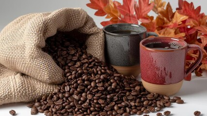 A bag of coffee beans is on a table with two cups and some leaves. The coffee beans are spread out and the cups are placed on top of them. The scene gives off a cozy and inviting atmosphere - Powered by Adobe