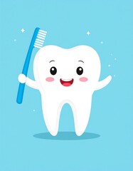 Adorable cartoon tooth holding a blue toothbrush
