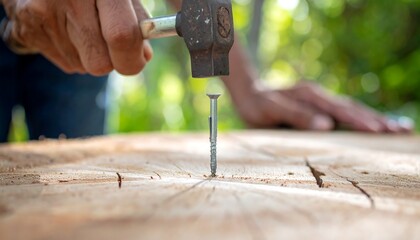 A hand is hammering a nail into a wooden surface outside