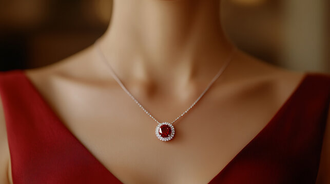 Necklace with a round, ruby gemstone at its center, surrounded by a halo of glittering gems, suspended from a delicate chain. The warm tones enhance its allure.