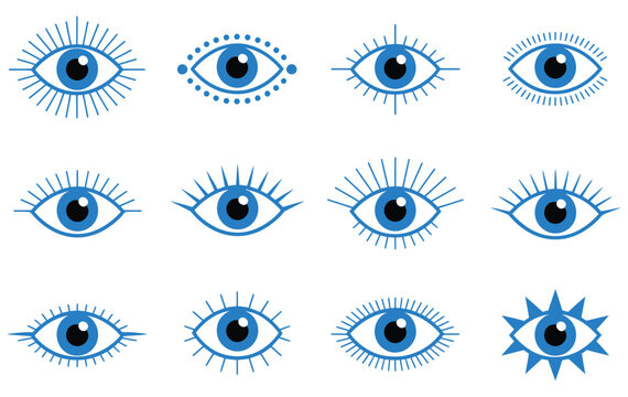Evil eye symbols, vector blue talisman illustrations for protection, luck, and cultural design, mystical amulet artwork, spiritual symbols, decorative folklore illustration,
