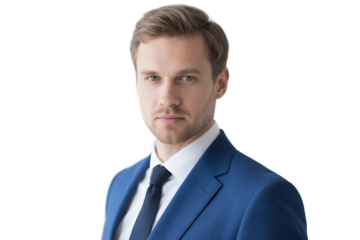 A professional man in a blue suit exuding confidence and seriousness in a formal setting.