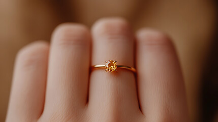 Fototapeta premium Close-up captures the beauty of a golden ring with an orange stone, adorning a finger. Its simple design and warm color create an elegant and timeless piece of jewelry.