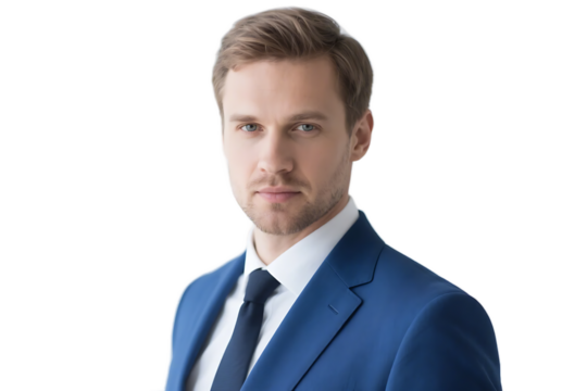 A professional man in a blue suit exuding confidence and seriousness in a formal setting.