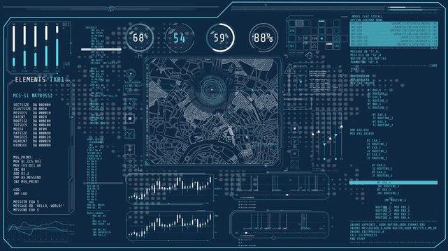 Animated high-tech display with a map and program codes