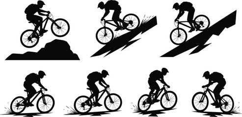 Mountain biker silhouette riding on rough terrain, extreme downhill action, sports adventure vector illustration, outdoor activity concept, professional cyclist performing jumps, speed motion, 