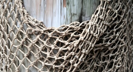 Weathered fishing net draped over a rustic wooden post, showing intricate mesh texture.