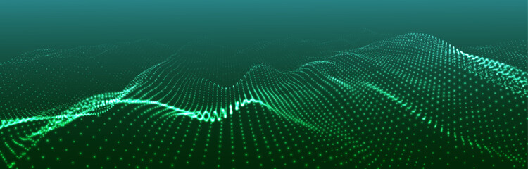 An abstract colorful wave of glowing dots that creates the illusion of moving waves on a light background. The visualization resembles a dynamic vector 3D wave that combines technology, art of the fut