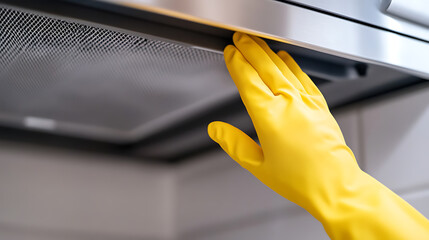 Bright yellow gloved hand cleaning a range hood in a home kitchen. Maintenance is essential for any kitchen to guarantee a safe and hygienic environment.