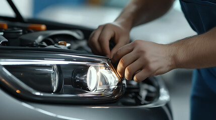 Mechanic working on a car headlight. Expert hands ensure optimal visibility.  Auto repair shop. Professional car service and maintenance, focusing on lighting systems.
