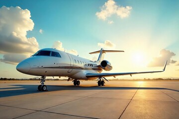 Obraz premium Private Jet on Sun-Drenched Tarmac Awaits Luxurious Exotic Journey Ultimate Comfort, Global Exploration, Seamless Travel Experience