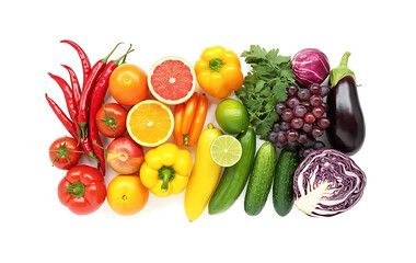 Many different fruits and vegetables on white background