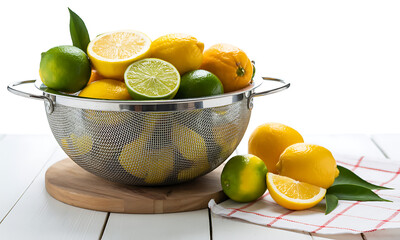 Metal colander with citrus fruits on table against white background
