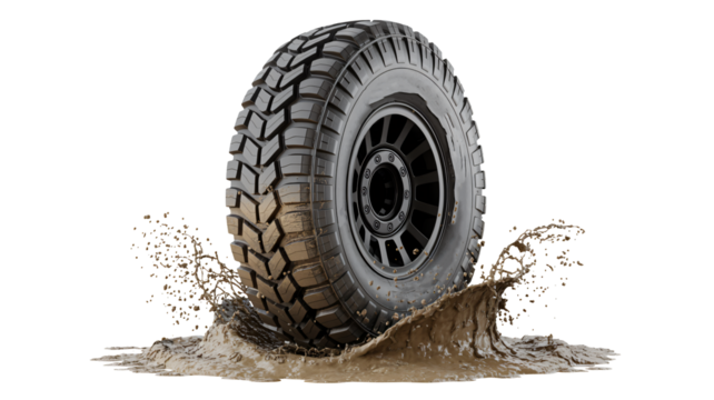 Rugged off-road tire splashes mud dynamically for adventure seekers