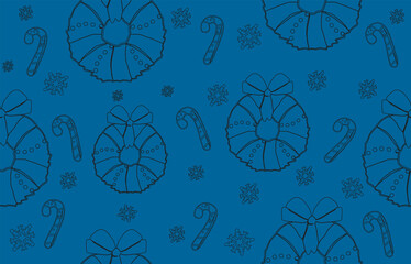 Blue Winter Wonderland Seamless Pattern. Line Art Snow and Holiday Elements Vector.