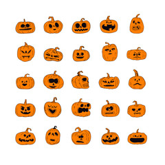 Halloween pumpkins with funny and spooky carved faces, cartoon vector illustration