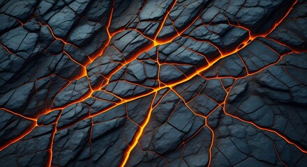 Close-up view of dark, cracked rock with glowing orange lava seeping through the fissures.