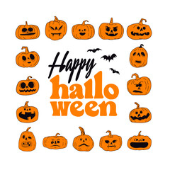 Halloween pumpkins with funny and spooky carved faces, cartoon vector illustration