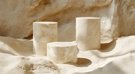 Three cylindrical pedestals of varying heights on a textured, sandy surface, with a neutral background.
