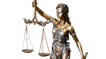 Symbol of justice, blindfolded Lady Justice holds scales, representing fairness and law