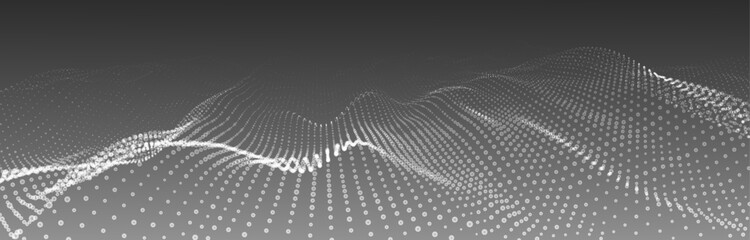 An abstract black and white wave of glowing dots, creating the illusion of moving waves on a light background. The visualization resembles a dynamic vector 3D wave that combines technology and art of