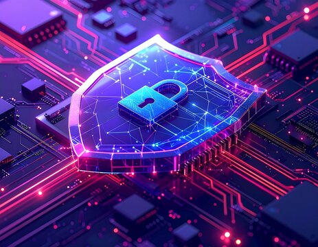 Digital shield with padlock superimposed over complex circuit board