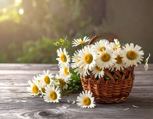 Basket of daisies on a weathered wooden table bathed in sunlight
