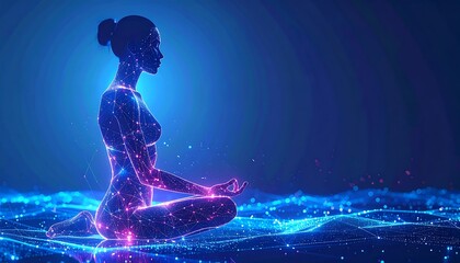 Digital silhouette of a woman in lotus pose, glowing in blue light