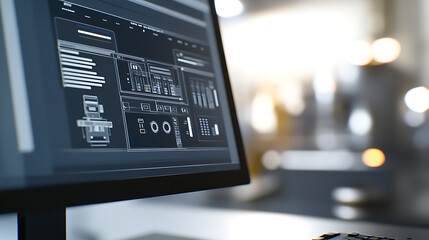Displaying an engineering software interface on a monitor, focus on a complex dashboard with graphic elements, against a blurred background creating a futuristic, digital environment.