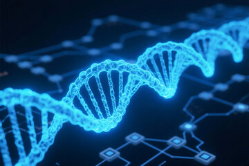 A digital representation of DNA double helix intertwined with a circuit background, symbolizing modern biology and technology integration.