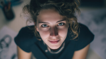 Young woman with curly hair smiles warmly at the camera in a creative workspace during evening hours